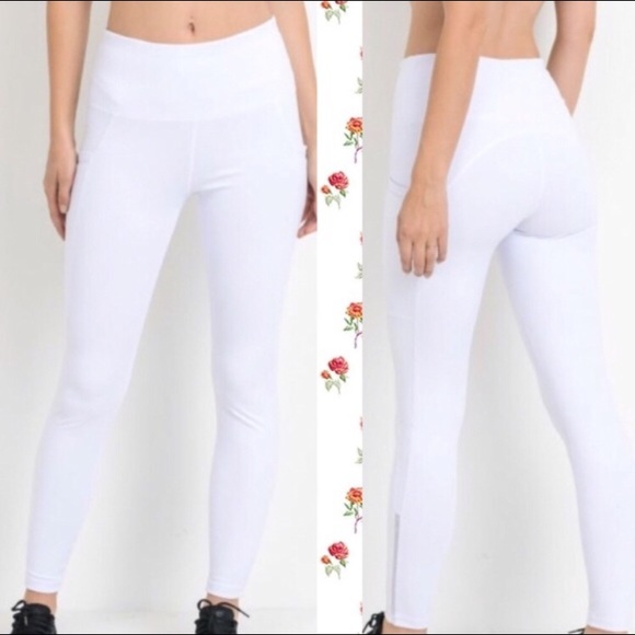 White High-Waisted Side Mesh & Slit Leggings - Picture 2 of 3